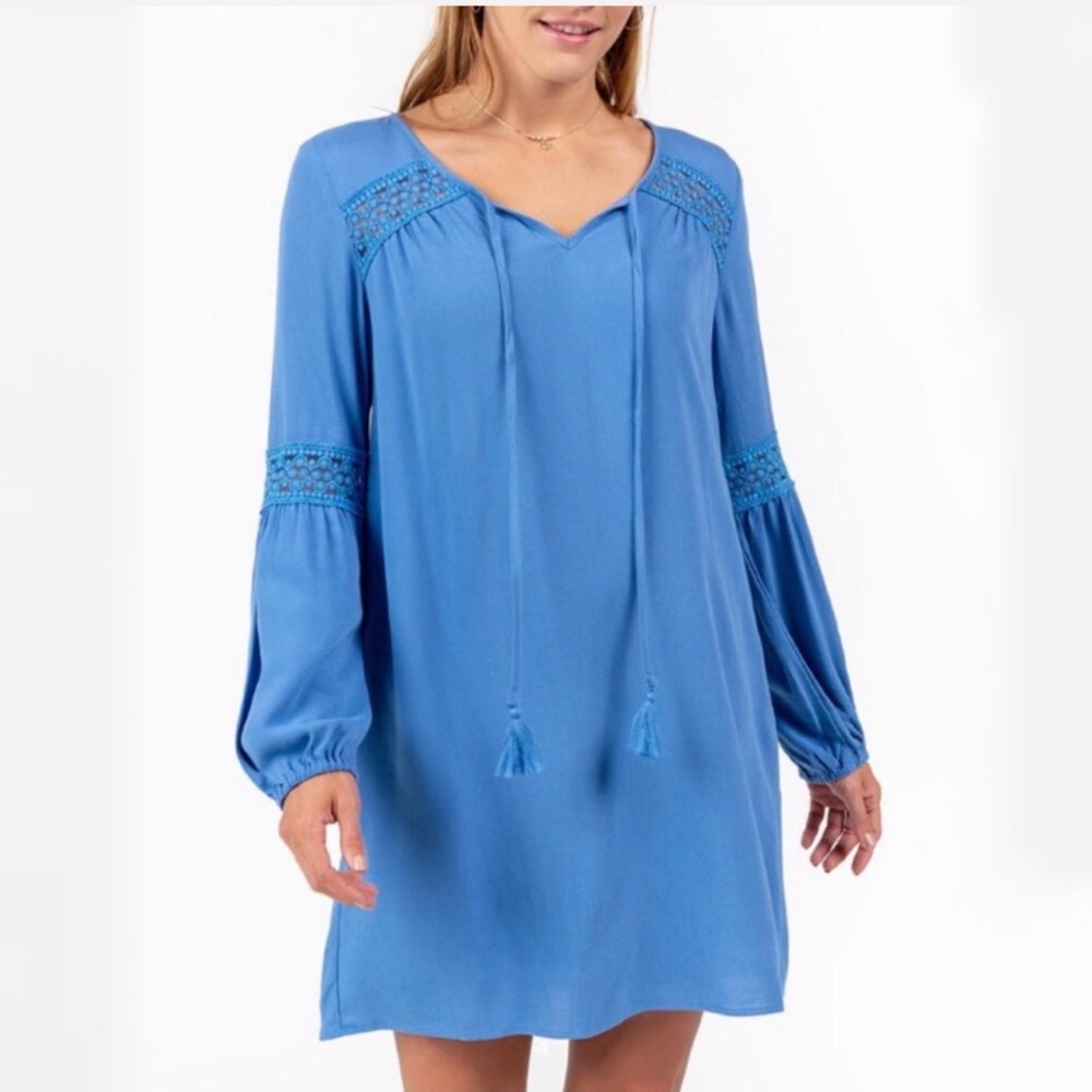 ✨JUST IN Boho Chic Crochet Long Sleeve w/ Pockets short mini dress blue lace